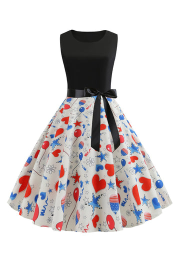 Preto Estampado Sem Mangas 1950s Vestido Com Cinto
